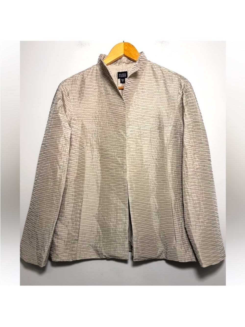 Eileen Fisher Silk Open Front Cardigan Blazer Beige Textured Crinkle Women’s M